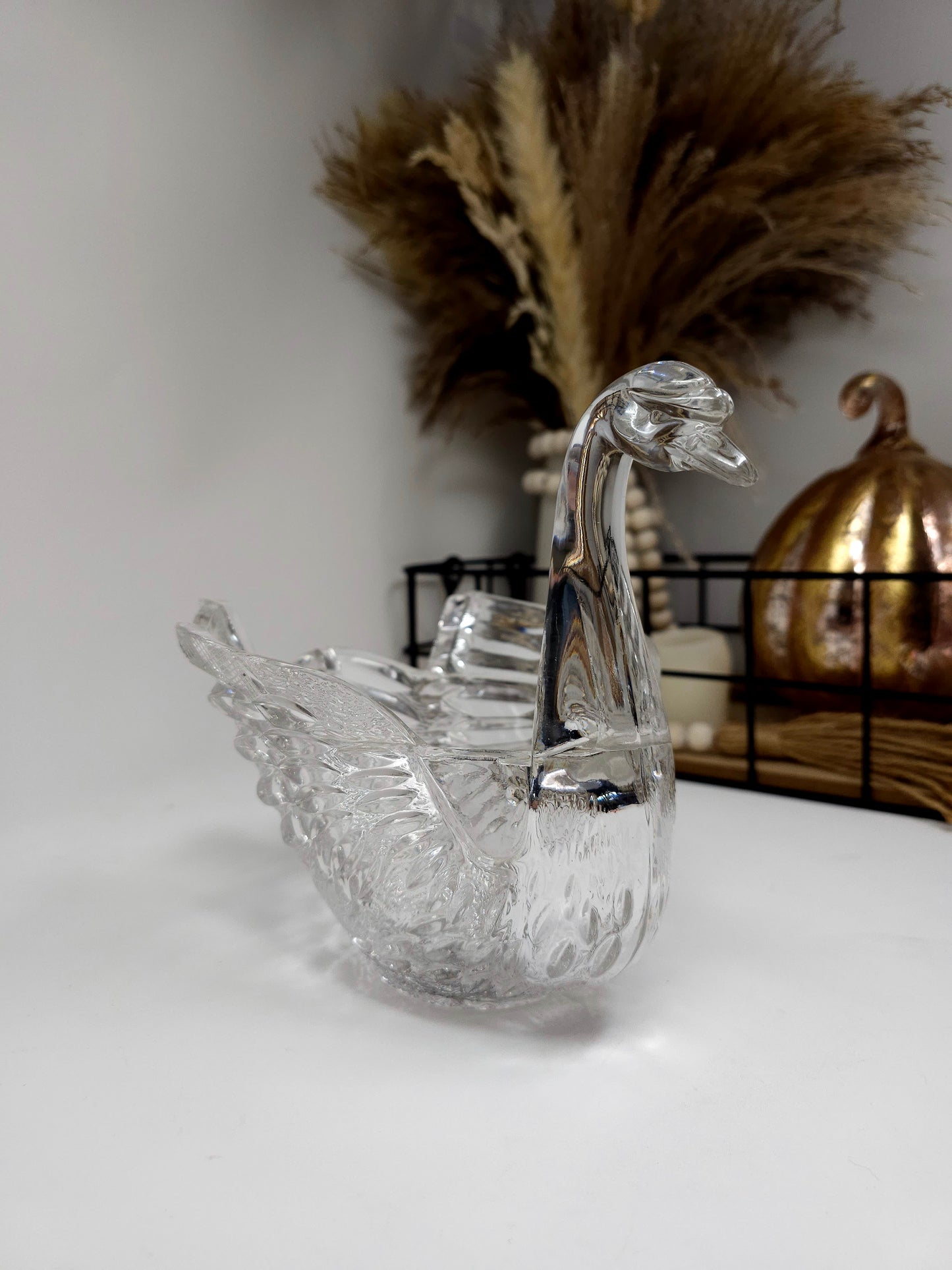 Vintage Mid Century Modern Crystal Glass Candy Dish Swan Bowl