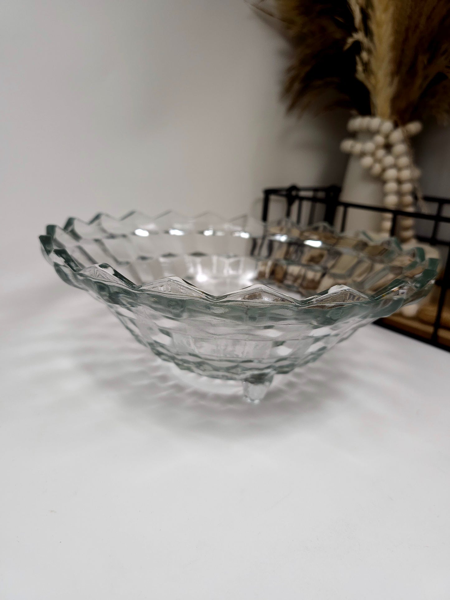 Fostoria Cubist American 3 Footed Crystal Centerpiece Bowl Fruit 10″