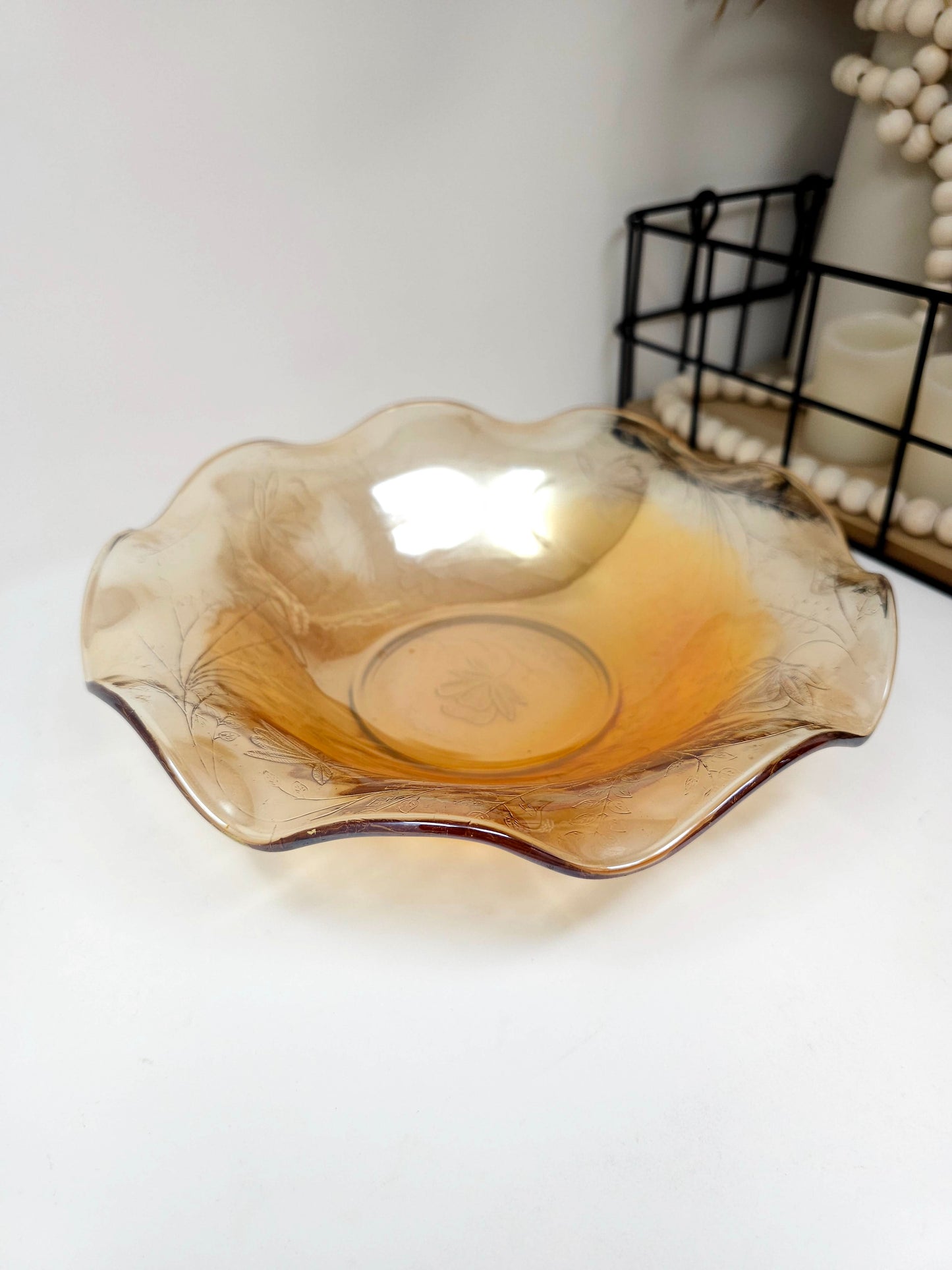 Anniversary Marigold Carnival Glass Centerpiece Bowl around 9" x 2.5"