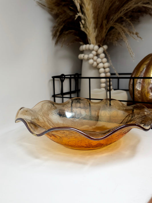 Anniversary Marigold Carnival Glass Centerpiece Bowl around 9" x 2.5"